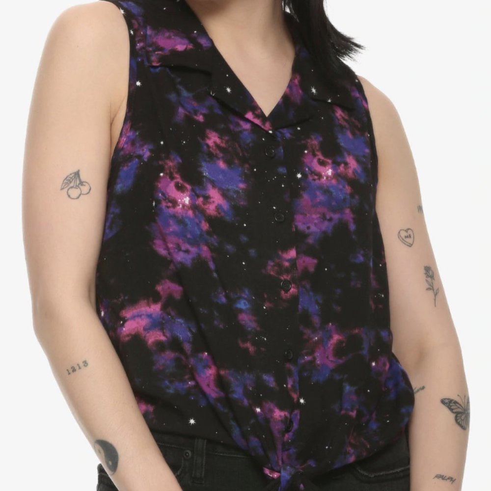 Galaxy Print Cropped Tie-Front Button Up